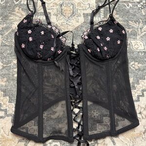 La SENZA Black Lace Corset with Pink Floral Details